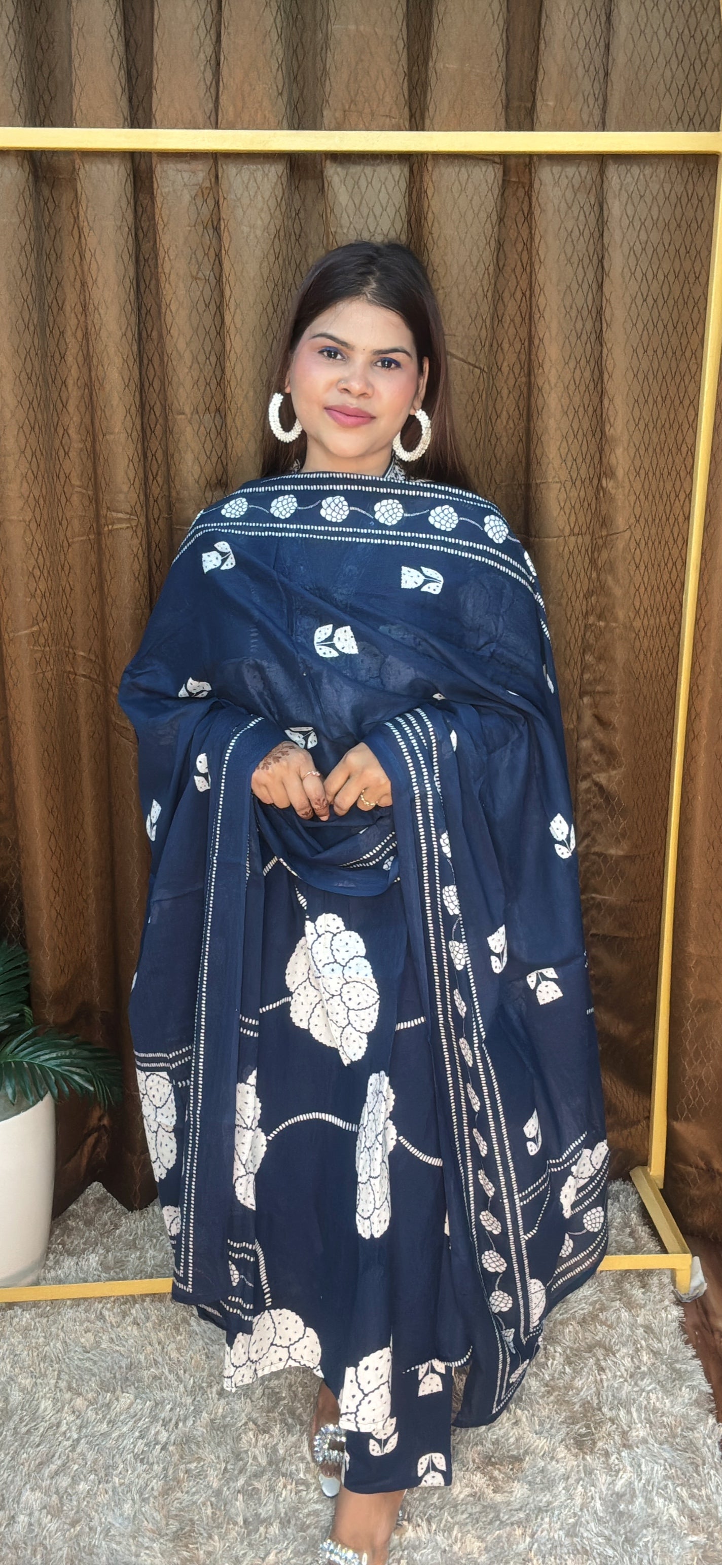 V Neck Big Flower A Line Pure cotton Suit Set