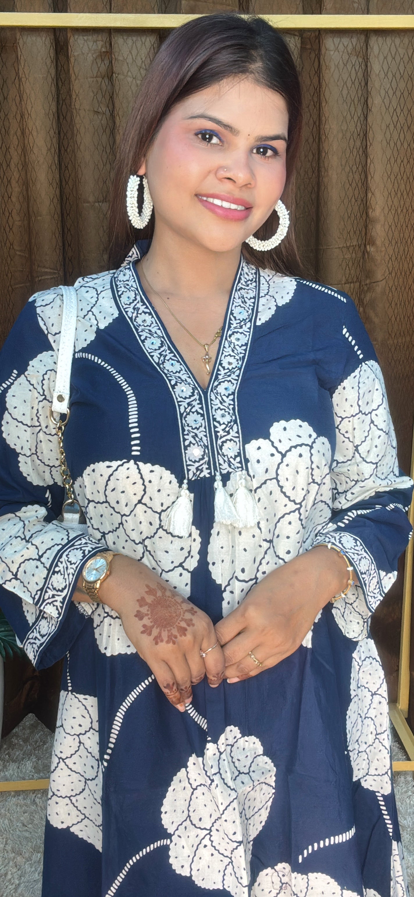 V Neck Big Flower A Line Pure cotton Suit Set