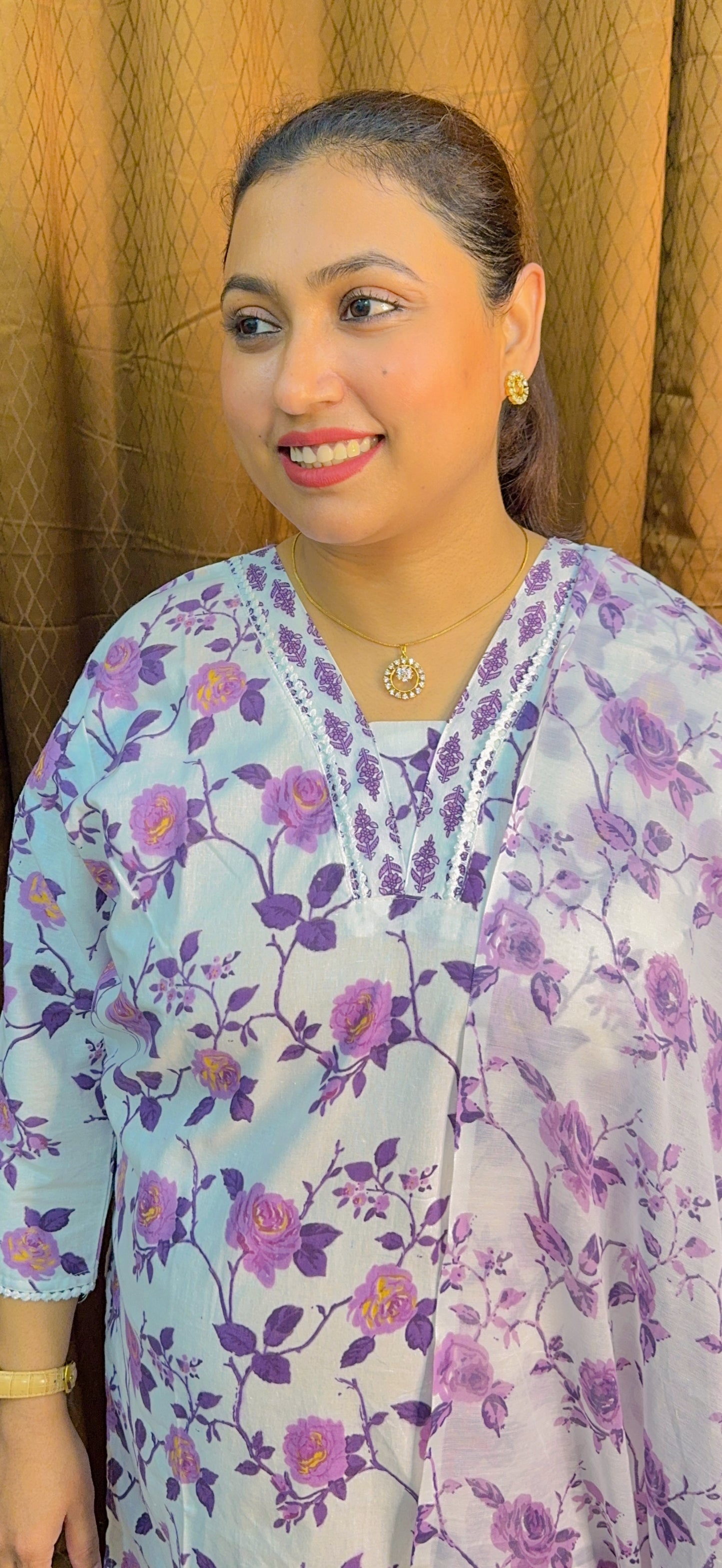 White With Flower Cotton Suit Set