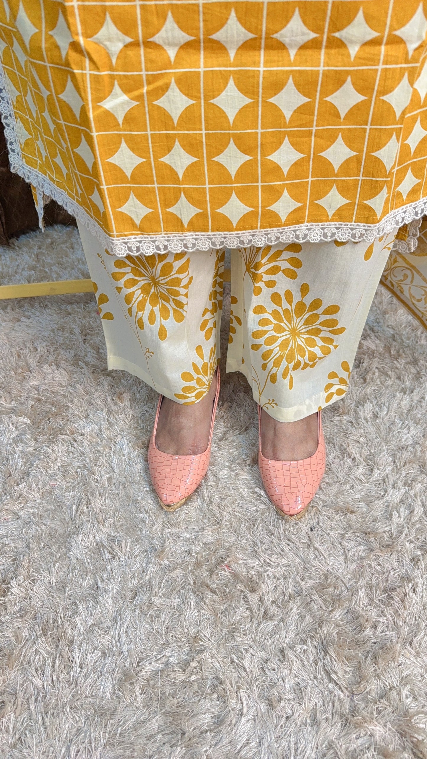 Premium Round neck Lace Yellow Suit