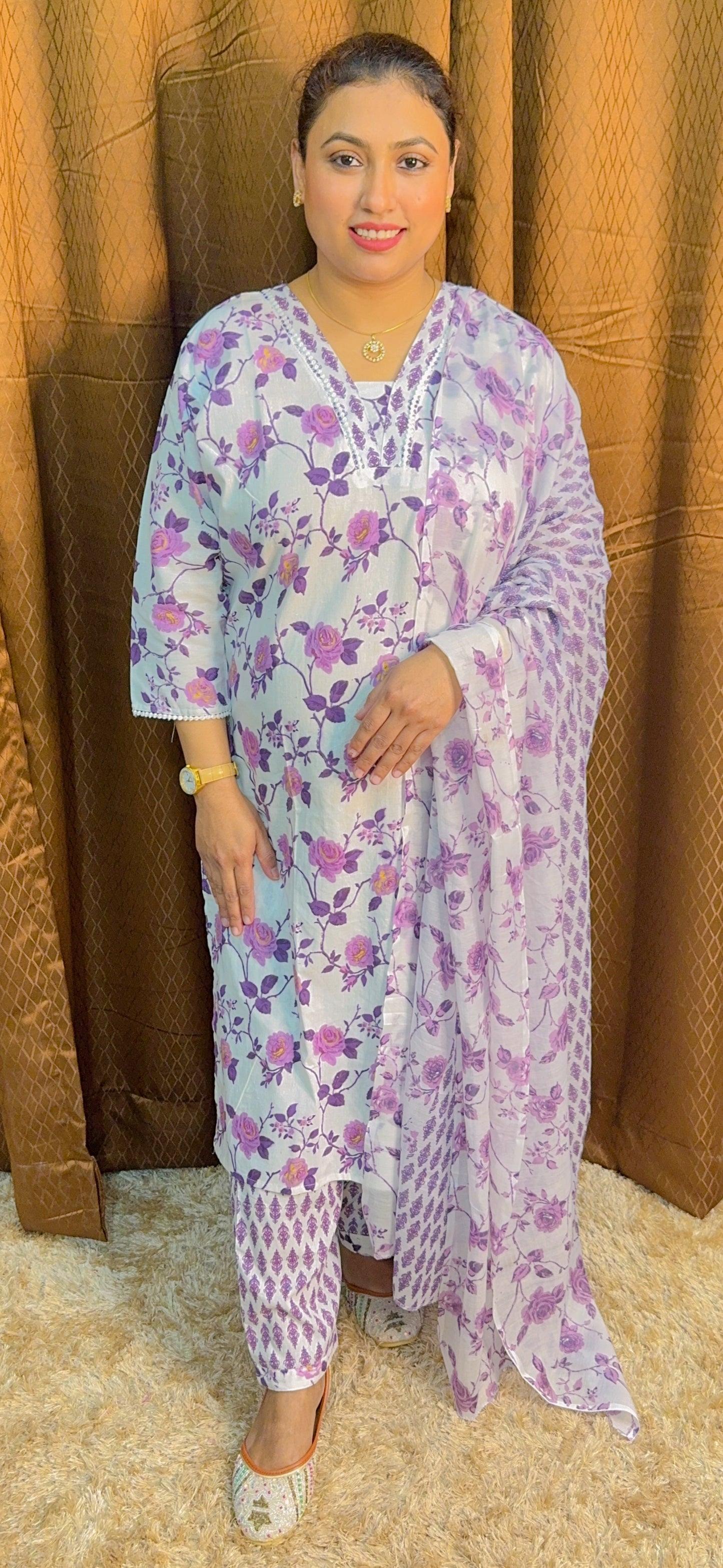 White With Flower Cotton Suit Set