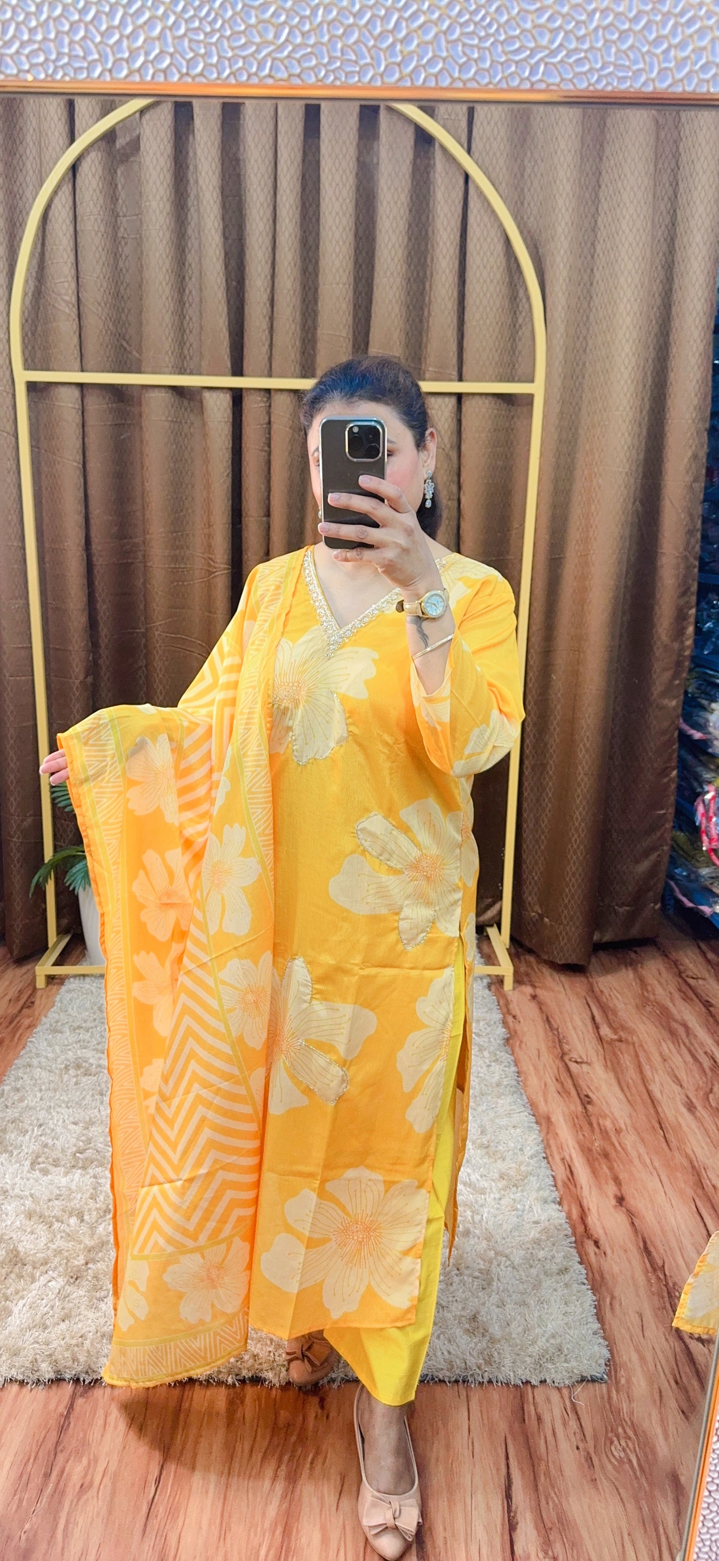 V Neck Yellow Suit with floral patterns and embroidery around the neckline