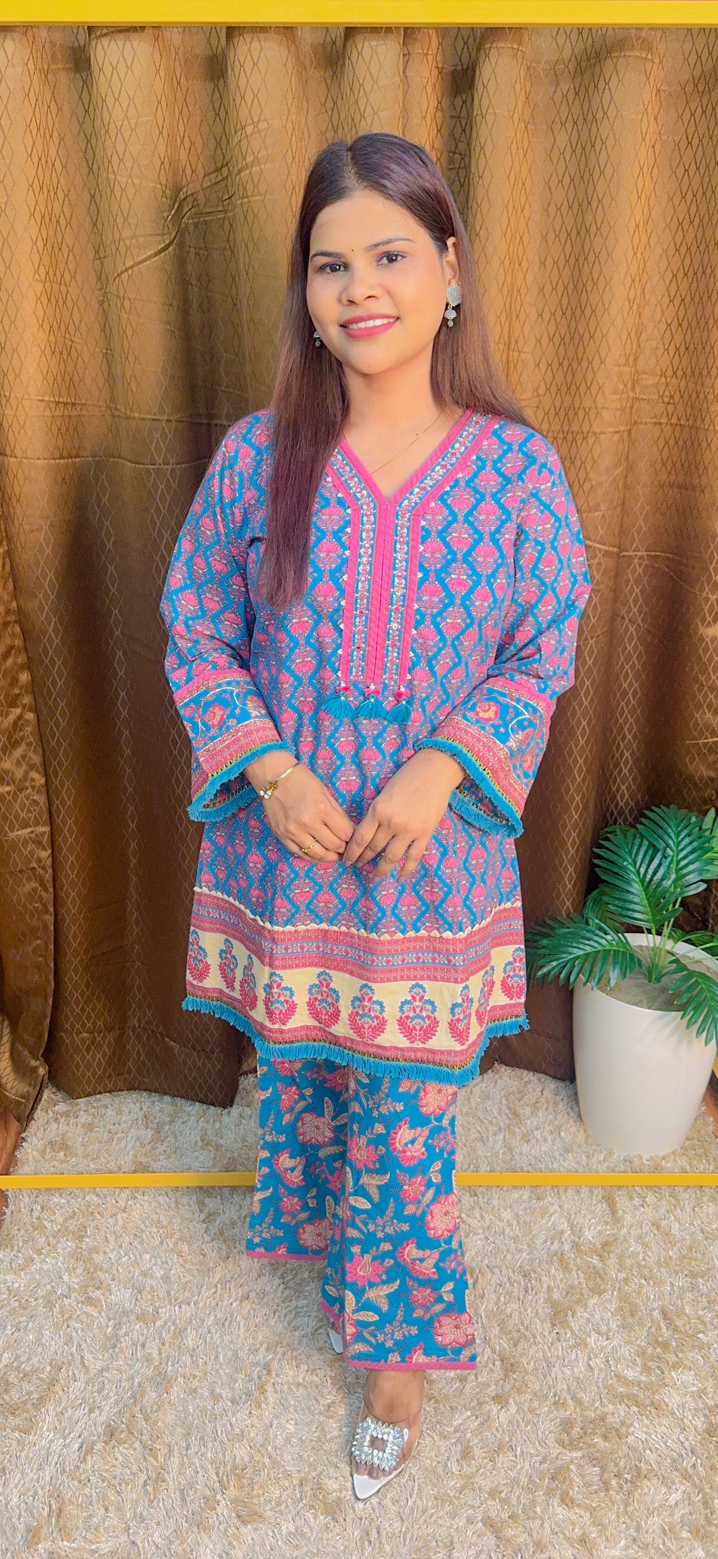 Stylish V Neck Embroidery short Kurti with Plazo Suit set