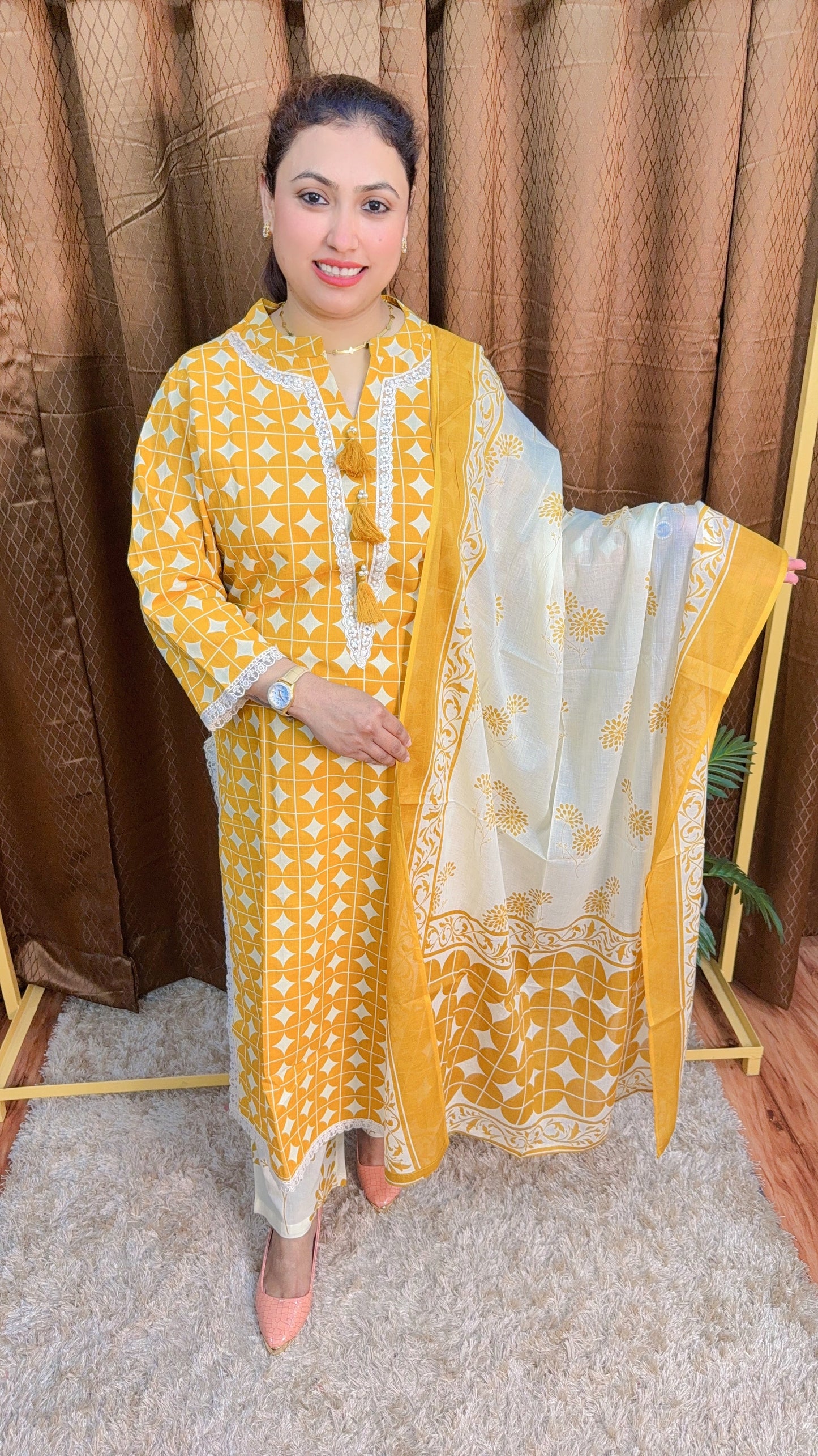 Premium Round neck Lace Yellow Suit