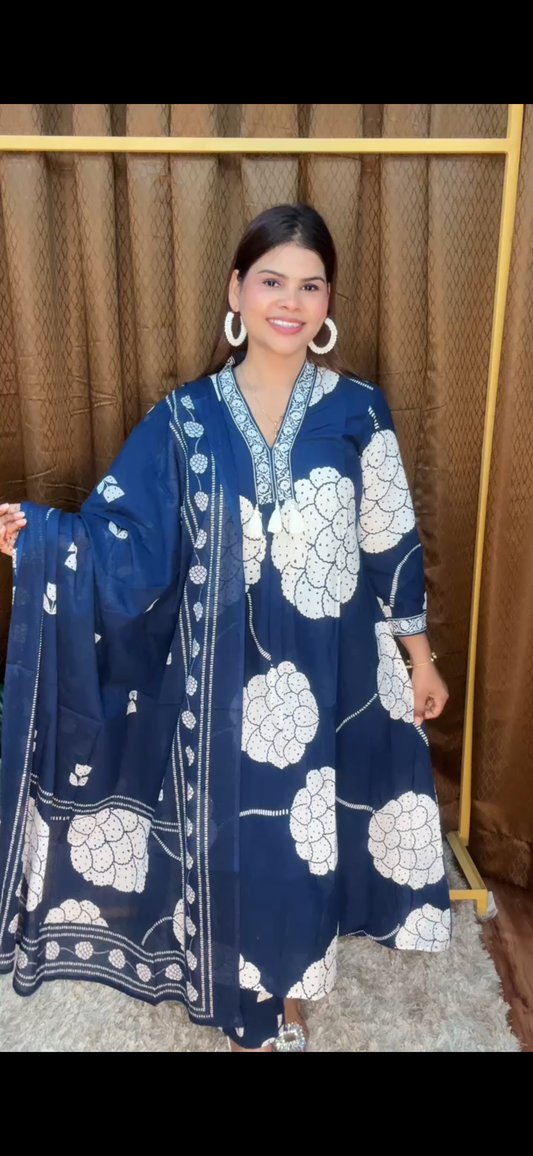 V Neck Big Flower A Line Pure cotton Suit Set