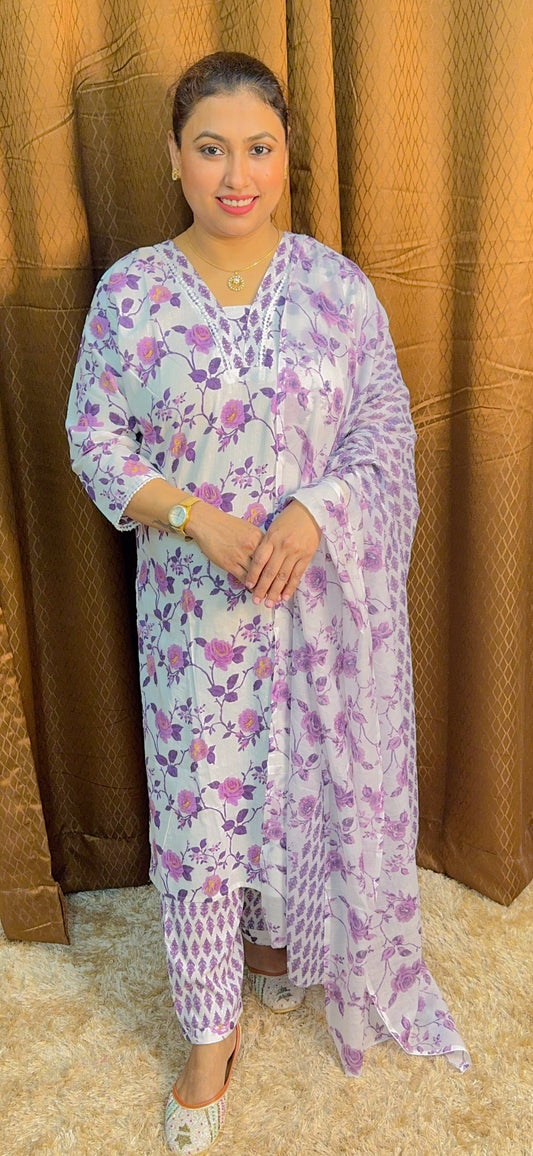 White With Flower Cotton Suit Set