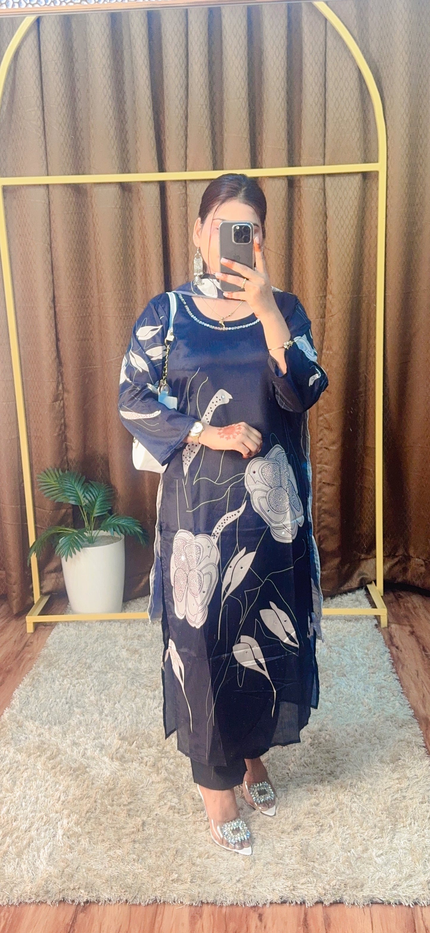 Round Neck Mirror Work Tissue Organza Black Suit