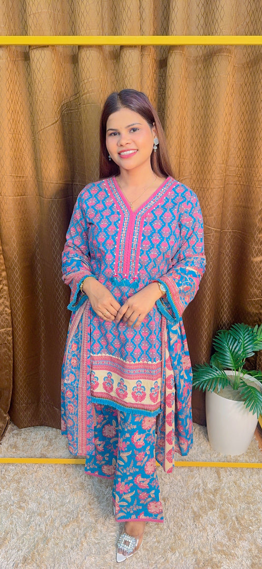 Stylish V Neck Embroidery short Kurti with Plazo Suit set