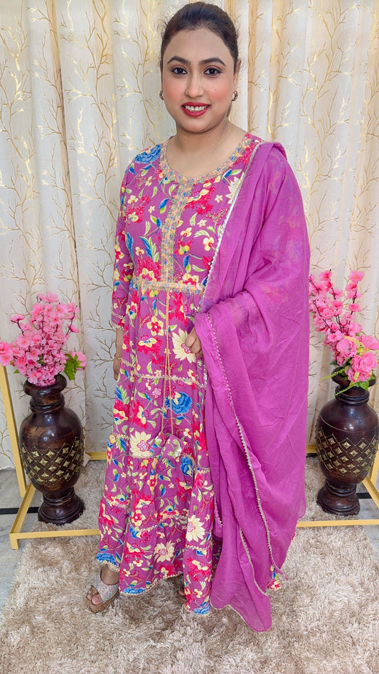 Levender Flower Printed A Line Suit Set