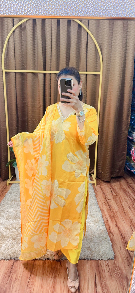 V Neck Yellow Suit with floral patterns and embroidery around the neckline