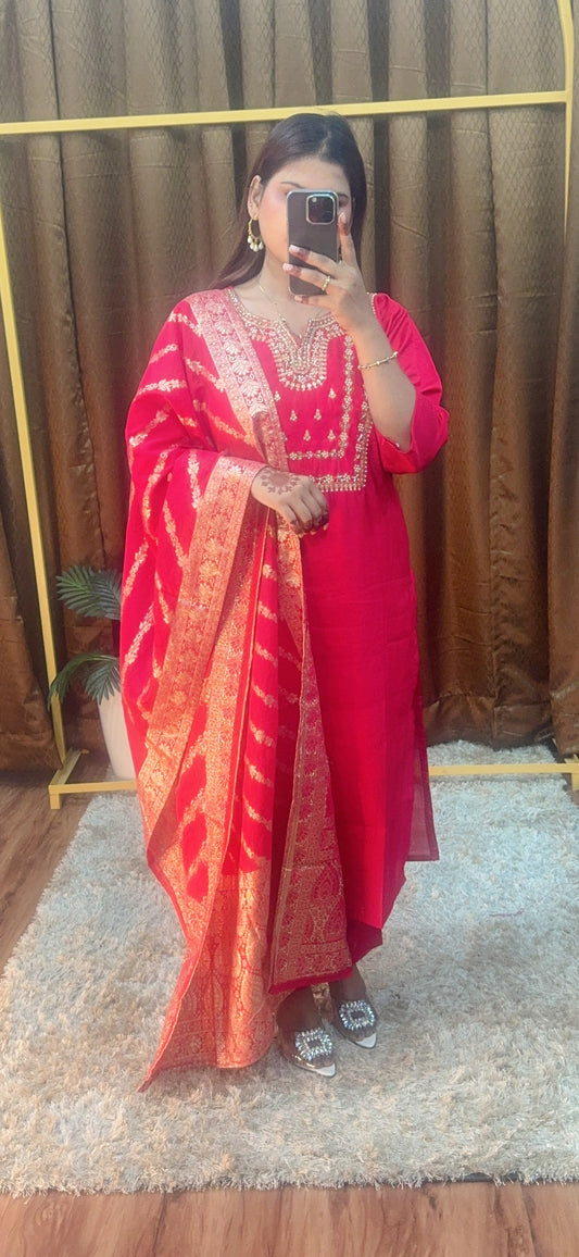 Square Neck Hand embroidery Suit Set With Bnarsi Duptta