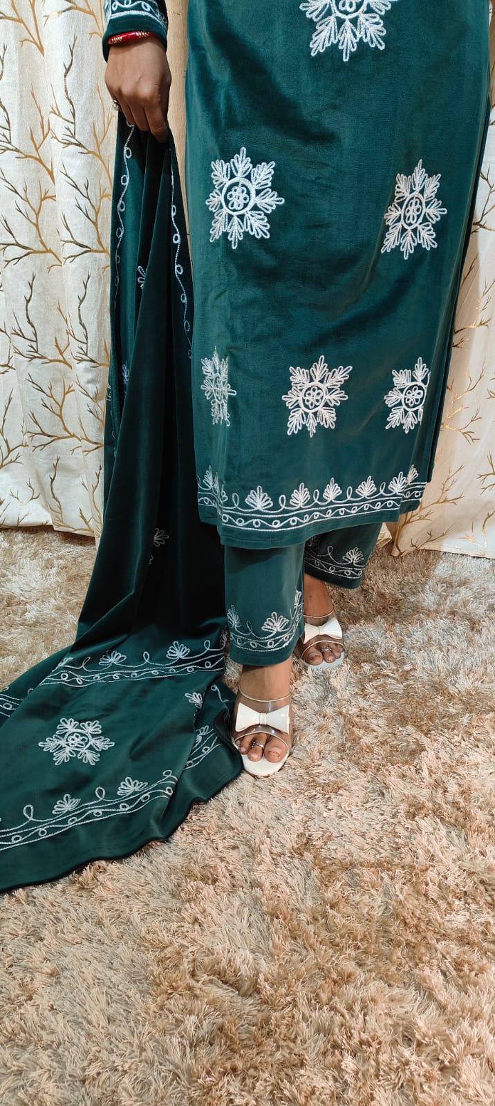 White thread work velvet suit set