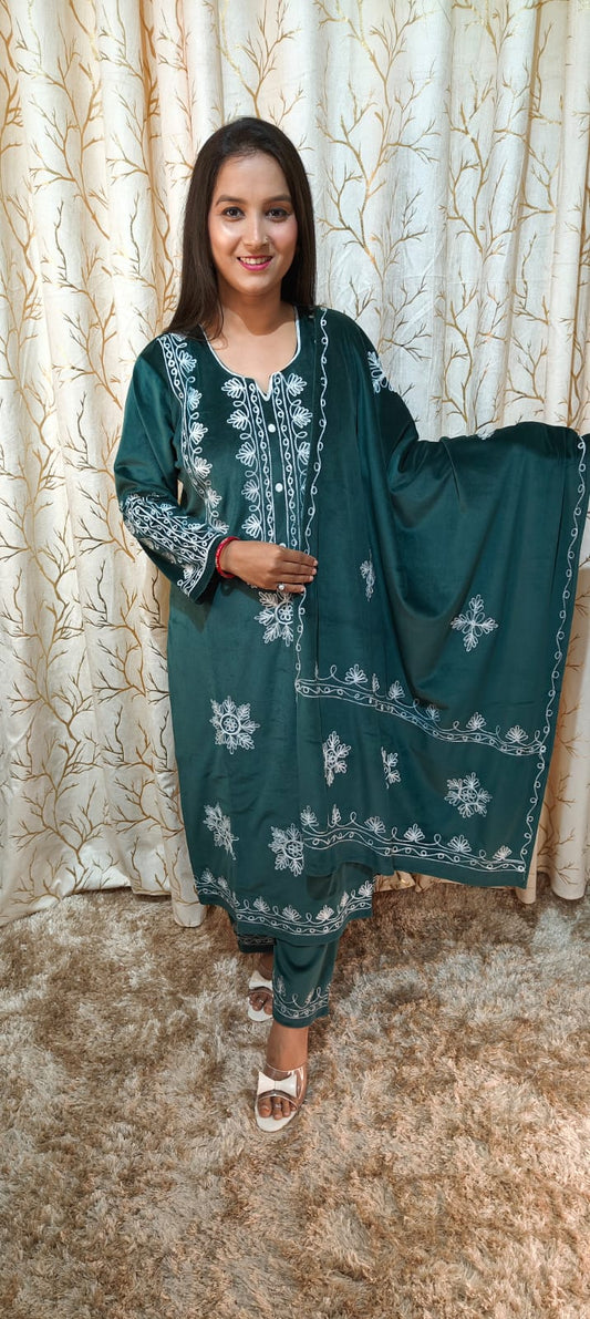 White thread work velvet suit set