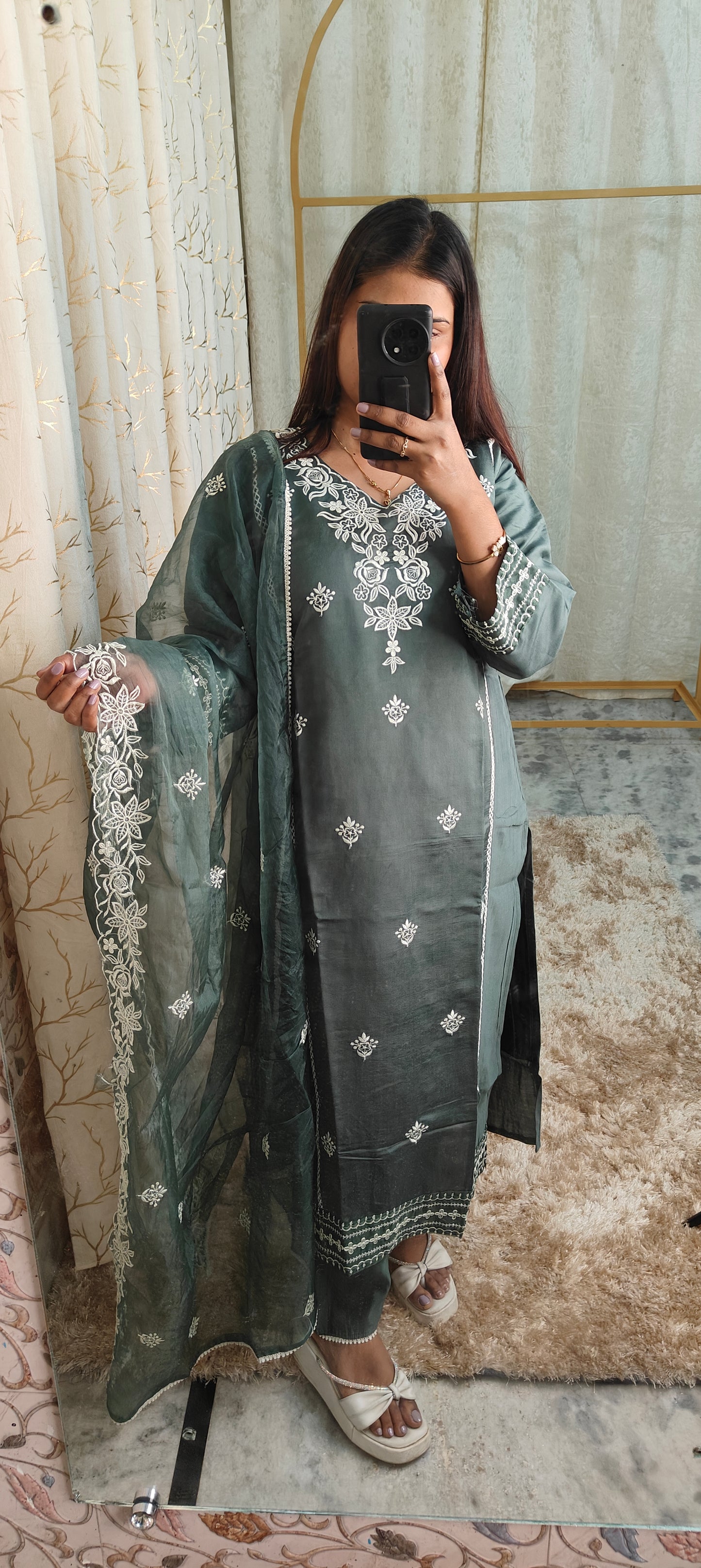 Muslin Cotton Suit Set With Organza Dupatta